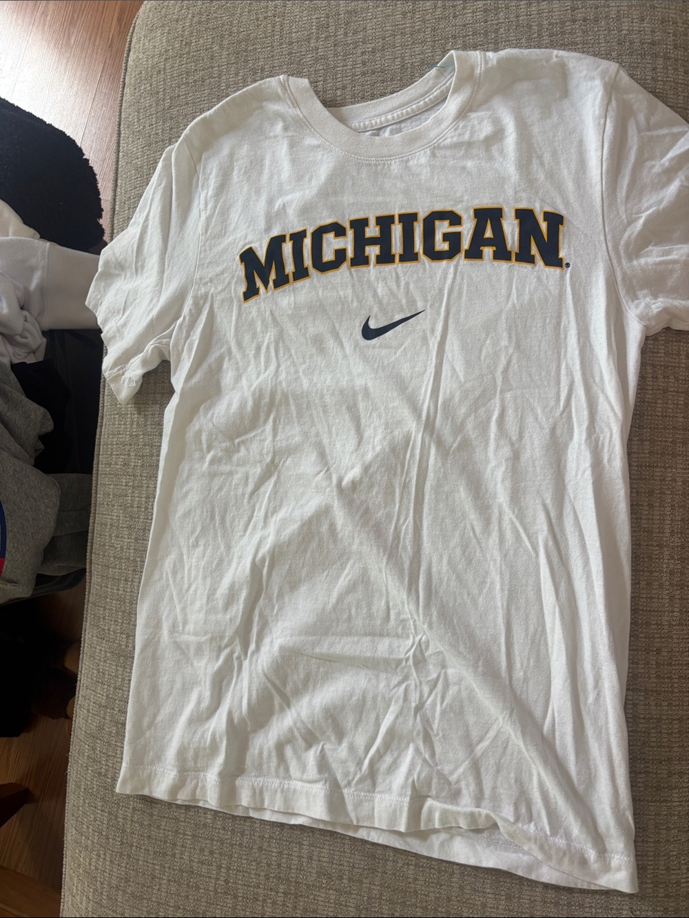Nike White Michigan Crewneck T-Shirt with Navy and Maize Lettering